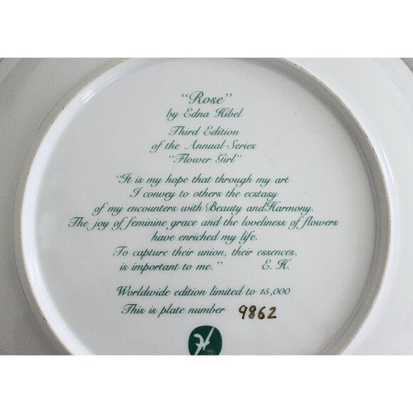 Vintage Edna Hibel Porcelain Collector Plate "Rose" - 1987 Flower Girl Series - Picture 8 of 8